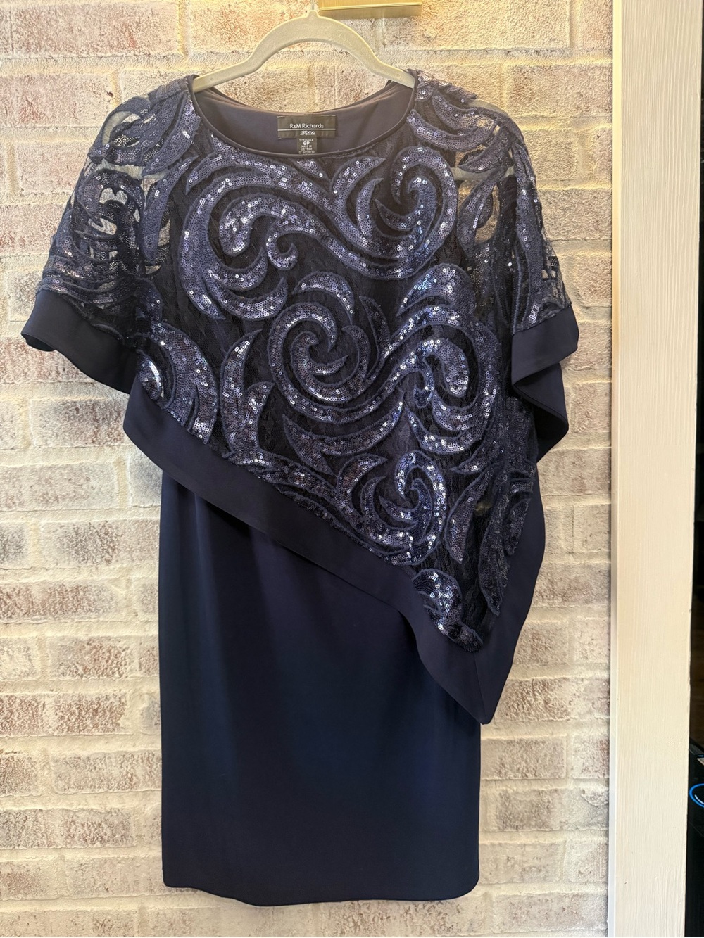 R&M Richards Navy Sequined Asymmetrical Overlay Dress